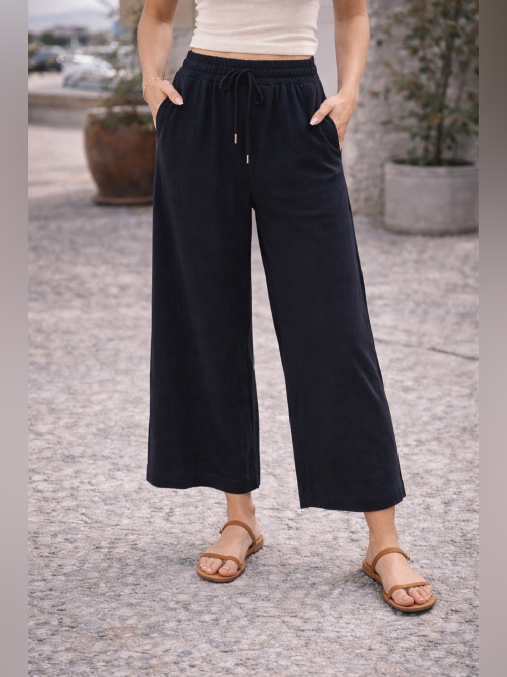 Zara Black Wide Leg Cropped Pants XL | High Waist Elastic Casual Chic